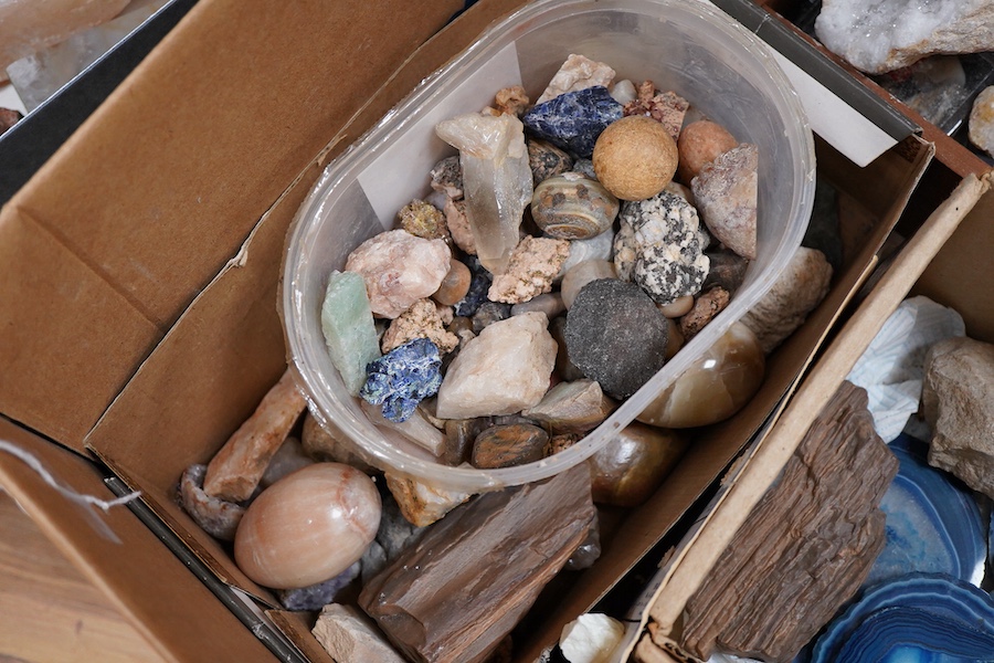 A collection of geological mineral specimens and fossils, including large quartz specimens, prepared cross-sections, fossilised tree sample, crystal formations, etc.